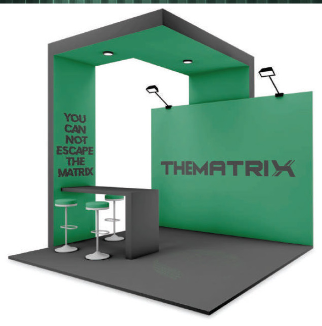 Exhibition booth render with 'You can not escape the matrix' wall