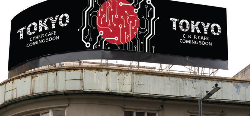 Curved LED billboard 'Tokyo Cyber Cafe coming soon' render